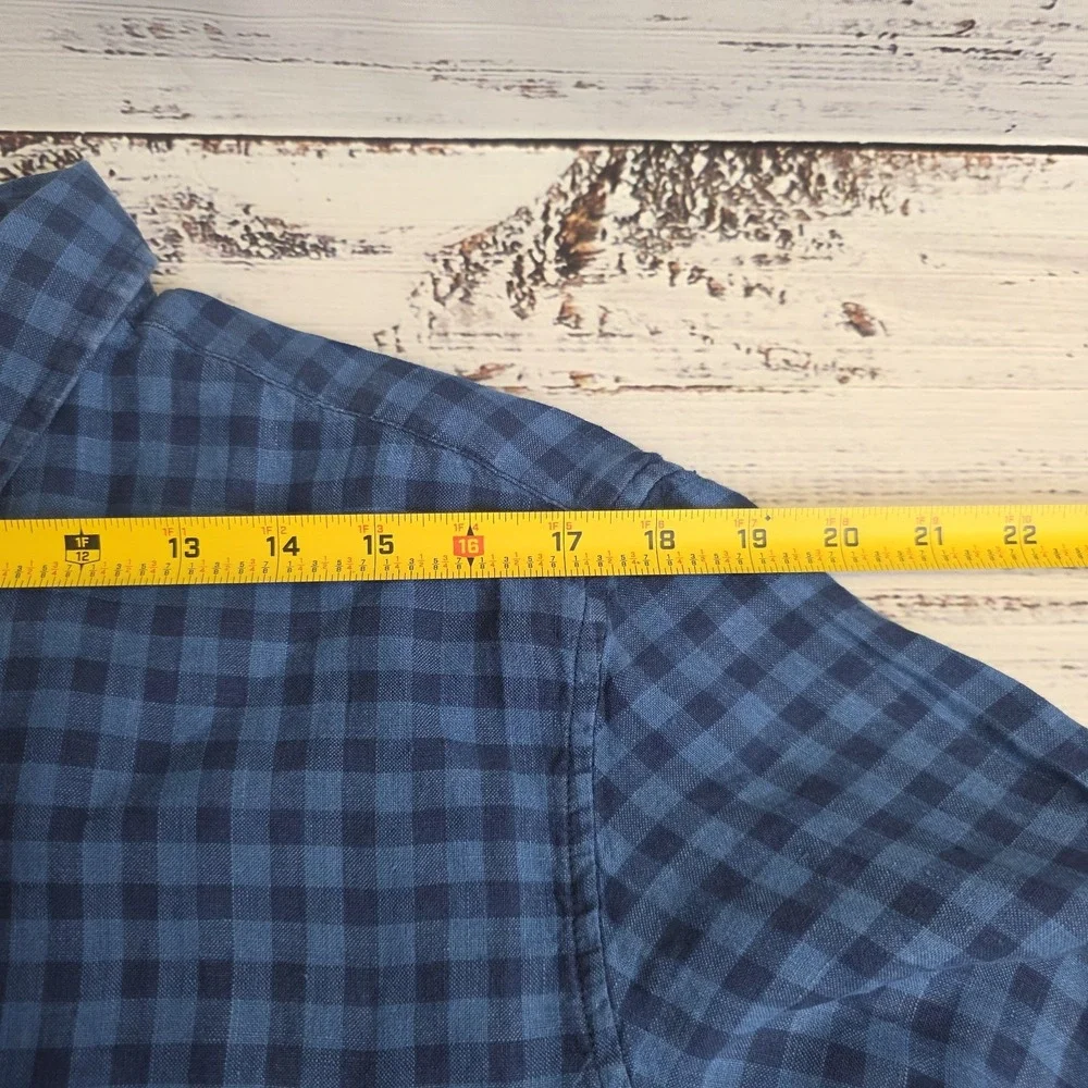 Banana Republic Shirt Men Medium Blue Check Linen Camden Fit Short Sleeve Button
